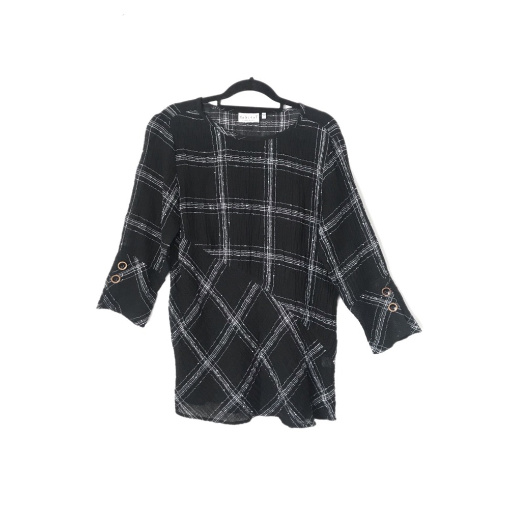 Habitat Clothes to Live In Top Tunic Asymmetrical Check Linen Lagenlook Shirt M